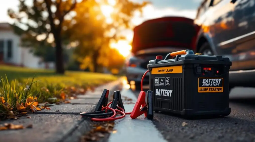 Tow operator attaching heavy-duty jumper cables to a stalled car's battery in Bountiful.