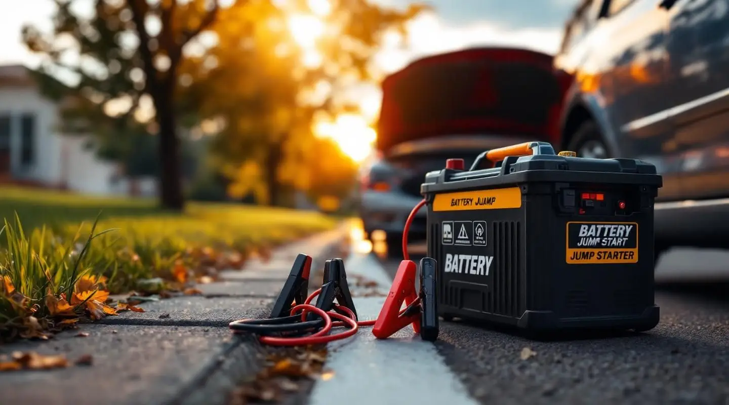 Tow operator attaching heavy-duty jumper cables to a stalled car's battery in North Salt Lake.