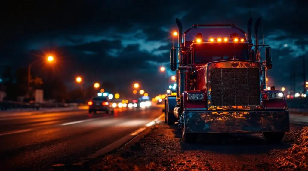 A Hearns Towing flatbed truck loading a disabled sedan on the side of the I-15 in Bountiful under twilight skies.