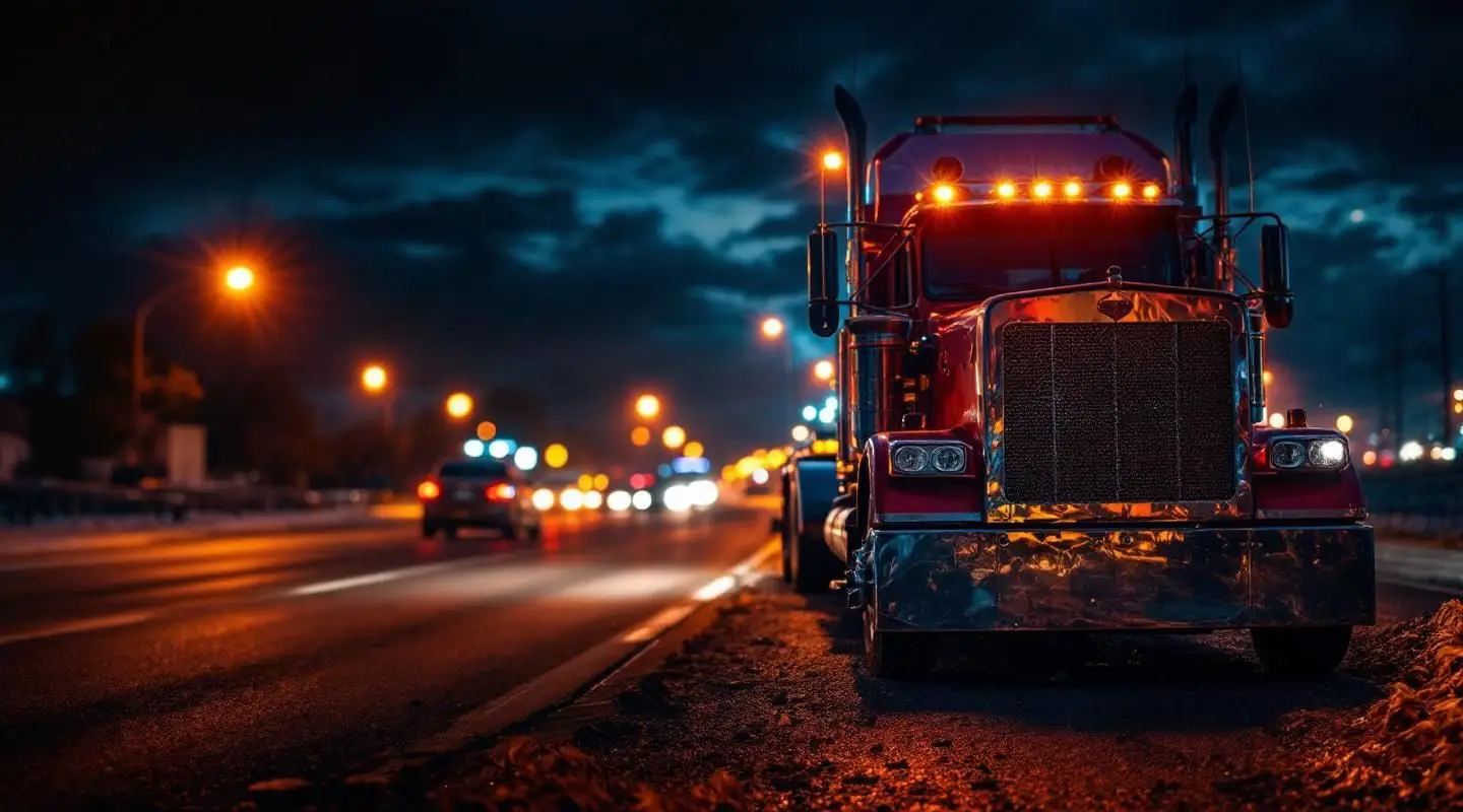 A Hearns Towing flatbed truck loading a disabled sedan on the side of the I-15 in North Salt Lake under twilight skies.