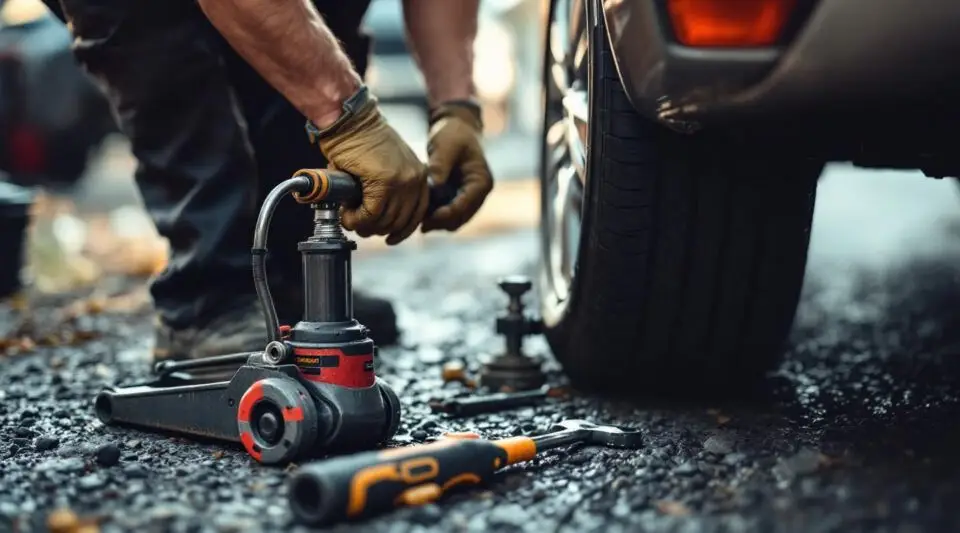 A professional Hearns Towing technician changing a flat tire on a vehicle parked safely on the shoulder in North Salt Lake.