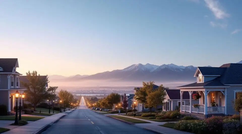 A flatbed tow truck parked safely along the shoulder of I-15 in Kaysville, UT, with the Wasatch Mountains in the background at dusk.